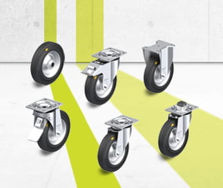 RD wheel and caster series with two-component solid rubber tires