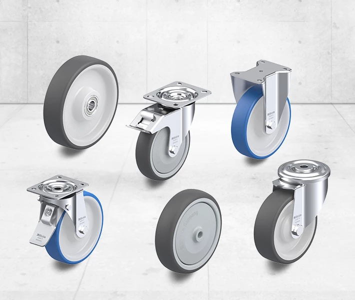 Wheels and casters with injection-moulded polyurethane tread