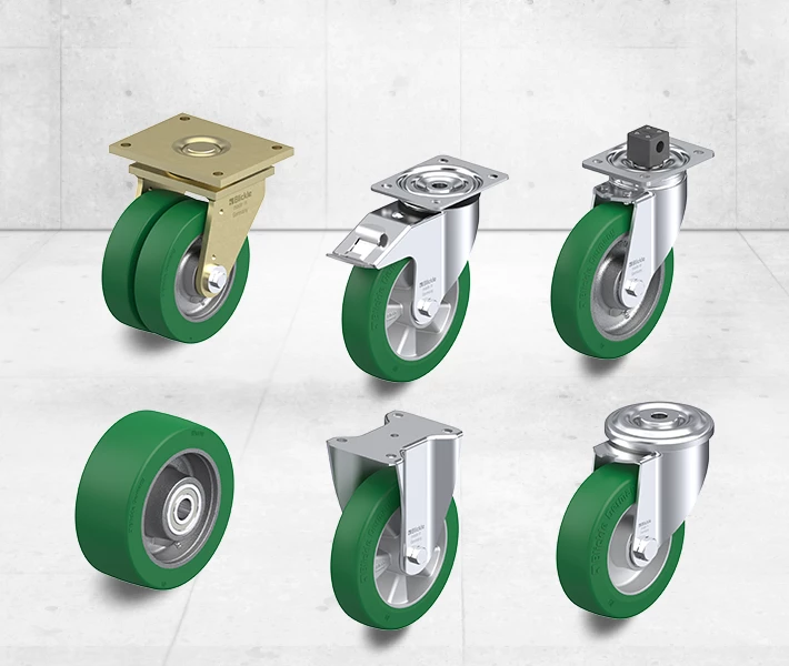 Wheels and casters with cast Blickle Softhane® polyurethane tread