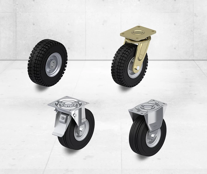 Wheels and casters with super-elastic solid rubber tires