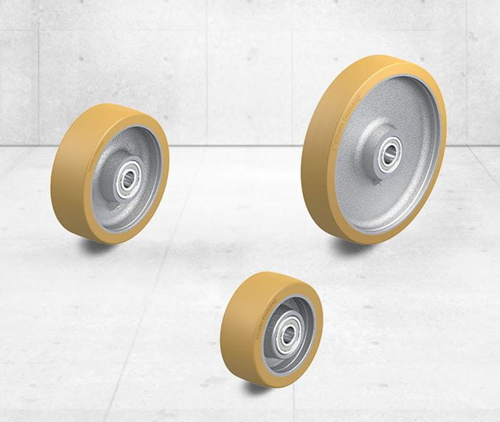 Wheels and casters with cast Vulkollan polyurethane tread